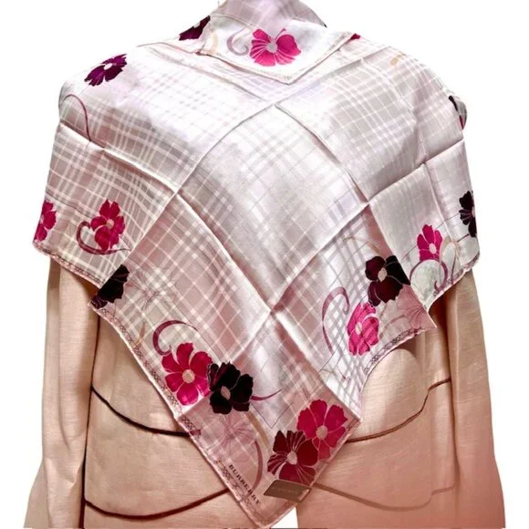 New Beautiful Burberry Scarf/Lg Handerchief silk 23" pink purole floral (33) - Picture 1 of 5
